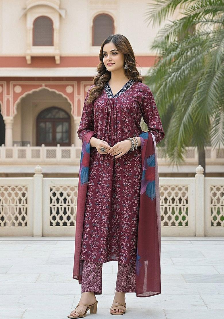 Maroon Printed Cotton Kurta Set - Indya