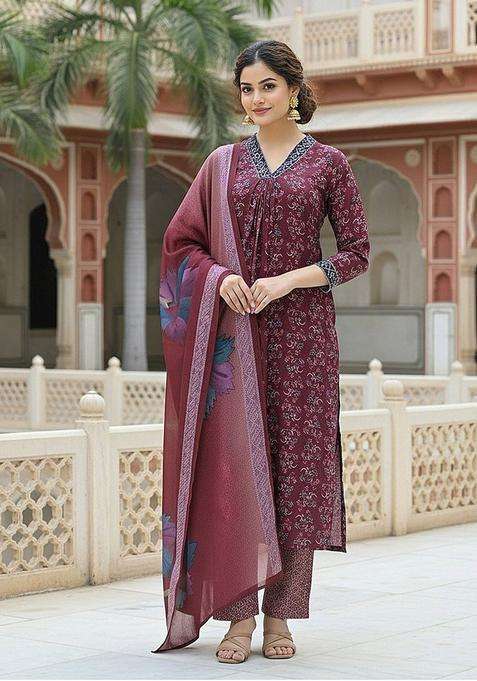 Maroon Printed Cotton Kurta Set