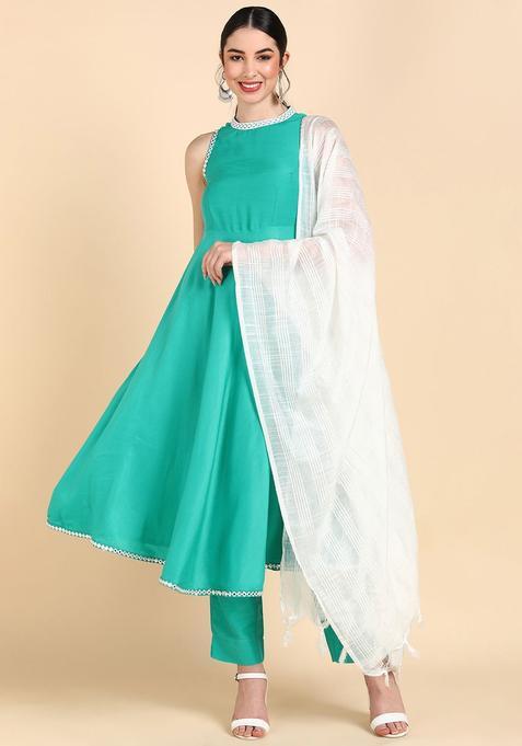 Sea Green Solid Silk Anarkali Set — view on Indya