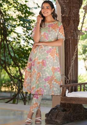 Off White Printed Cotton Kurta Set