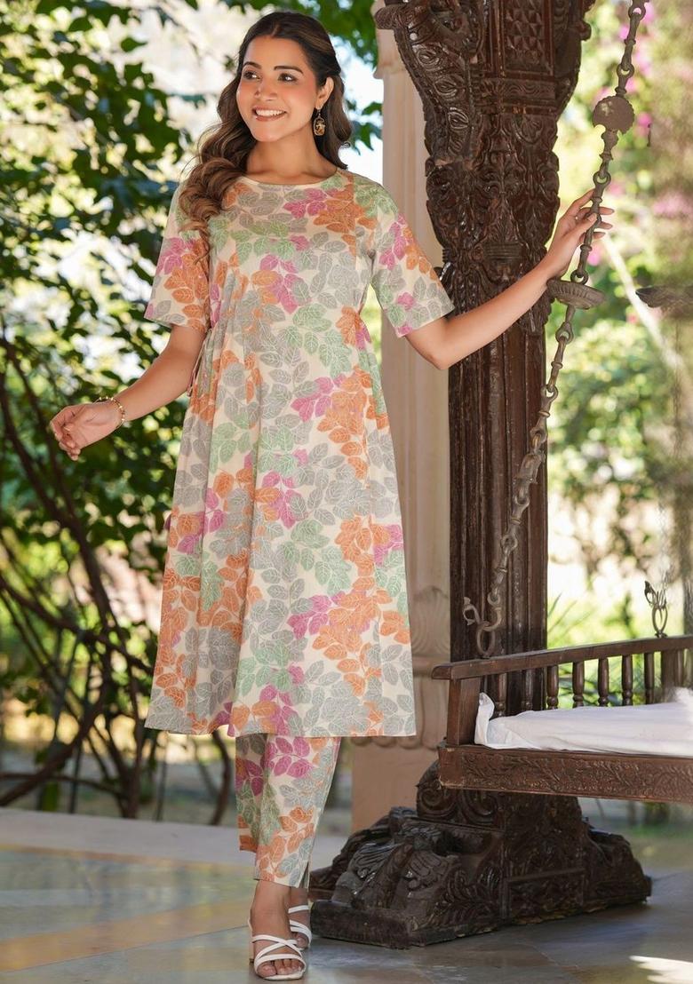 Off White Printed Cotton Kurta Set - Indya