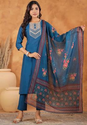 Blue Yoke Design Silk Kurta Set