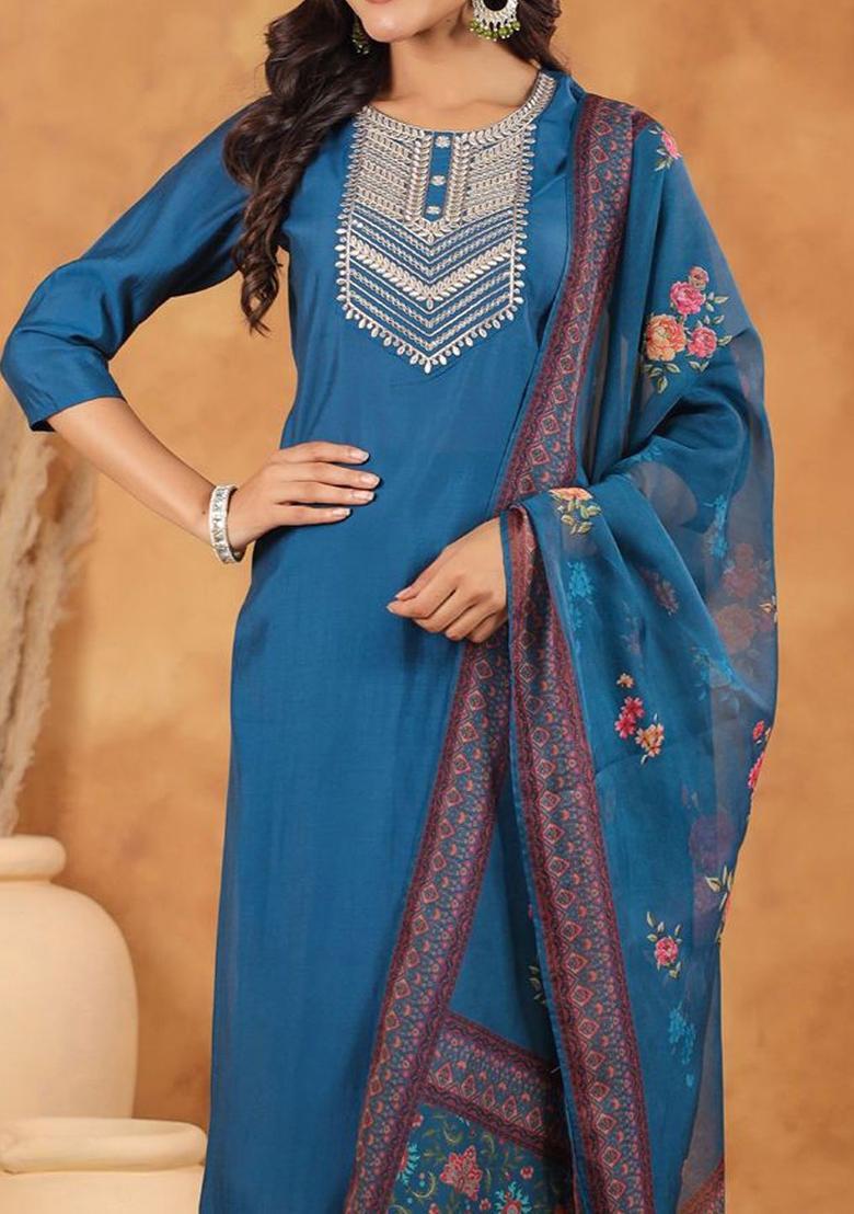 Blue Yoke Design Silk Kurta Set - Indya