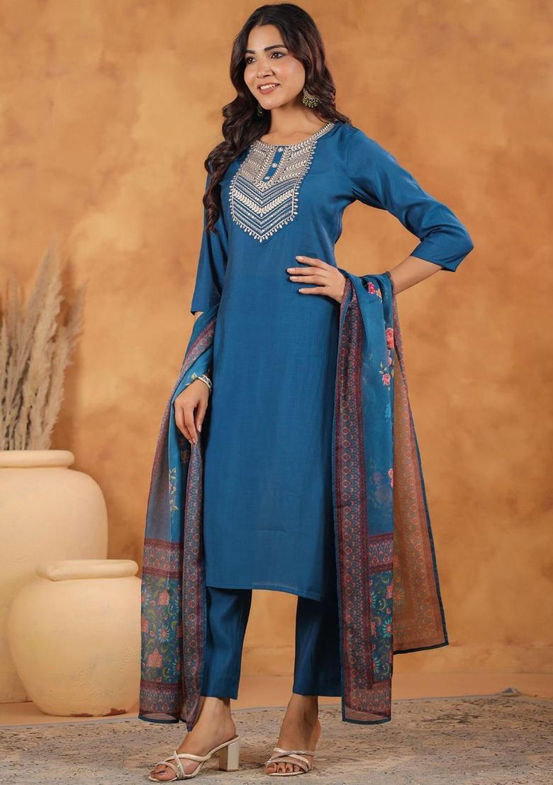 Blue Yoke Design Silk Kurta Set - Indya