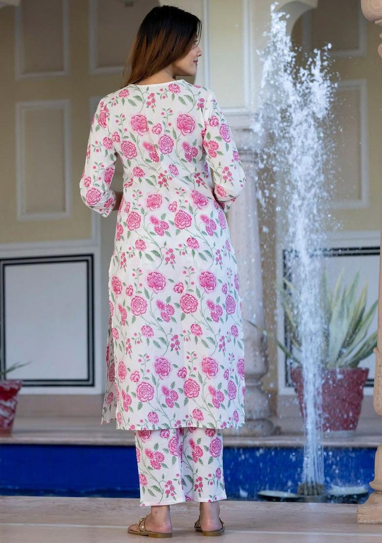 White Printed Cotton Kurta Set - Indya