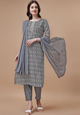 Grey Printed Cotton Kurta Set