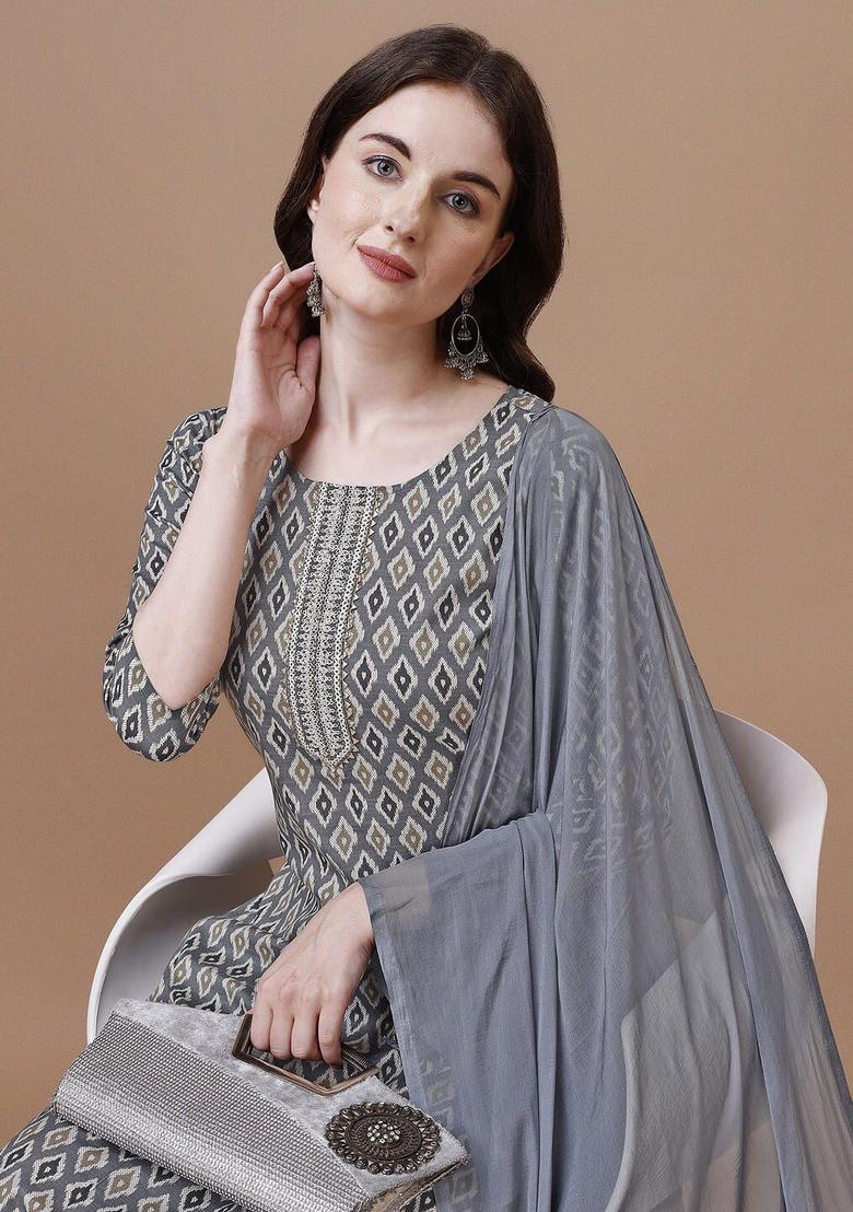 Grey Printed Cotton Kurta Set - Indya