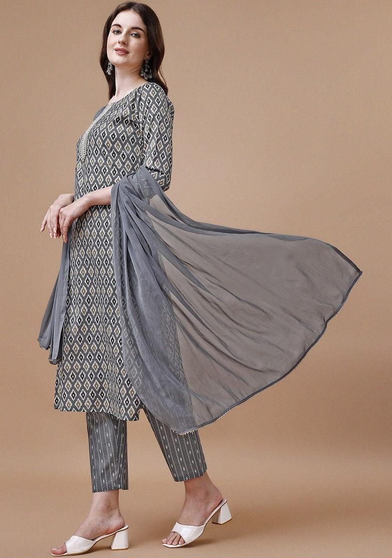 Grey Printed Cotton Kurta Set - Indya
