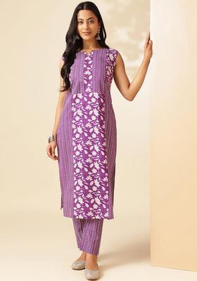 Purple Printed Cotton Kurta Set