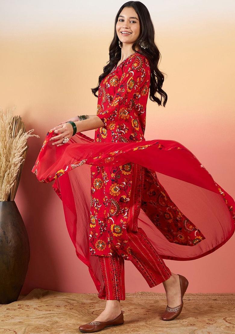 Red Printed Viscose Kurta Set - Indya