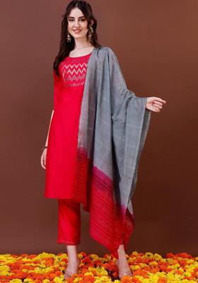 Pink Embroidered Cotton Kurta Set