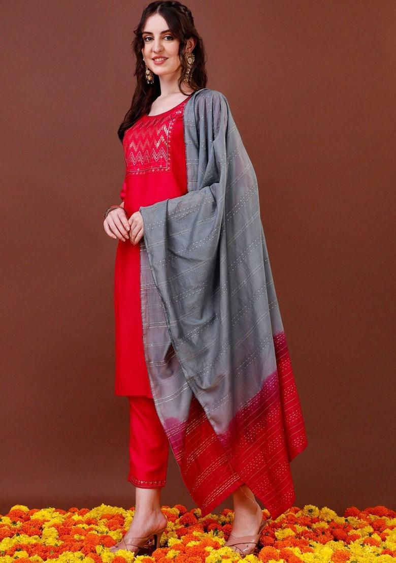 Pink Embroidered Cotton Kurta Set - Indya