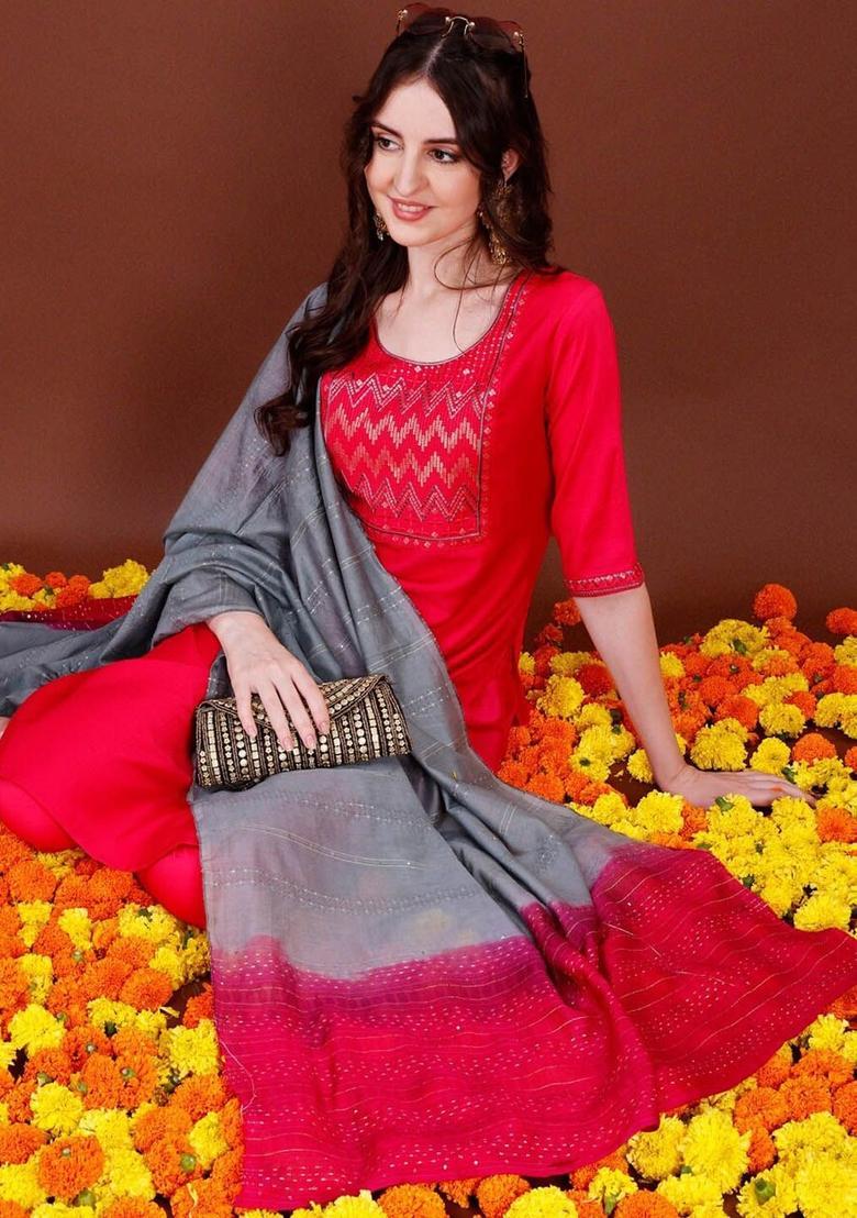 Pink Embroidered Cotton Kurta Set - Indya