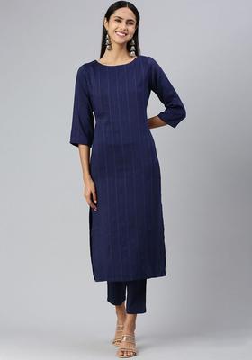 Navy Blue Striped Silk Kurta Set