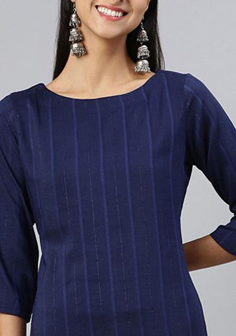 Navy Blue Striped Silk Kurta Set - Indya