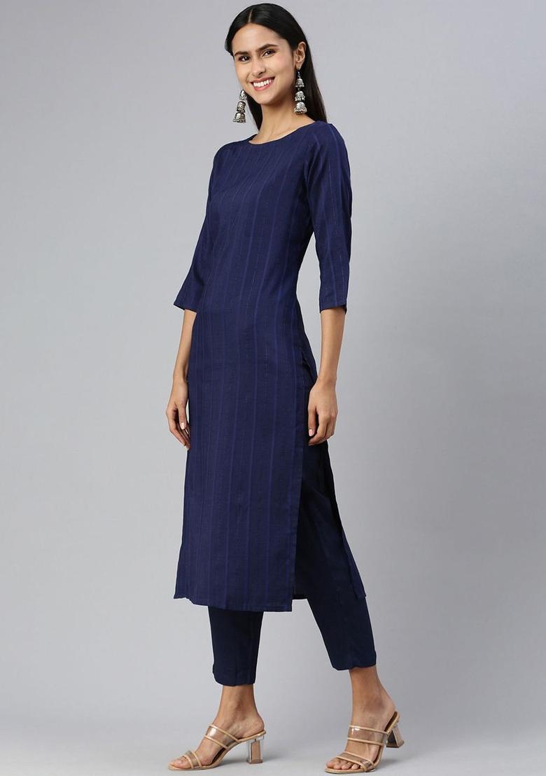 Navy Blue Striped Silk Kurta Set - Indya