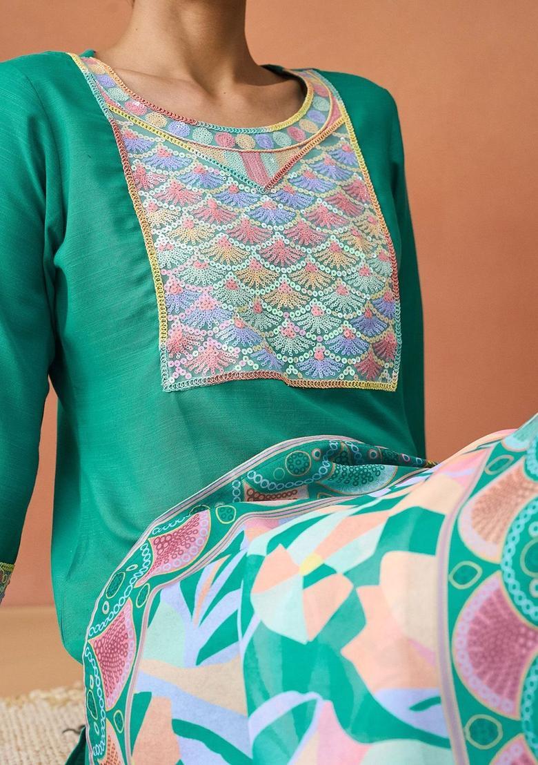 Sea Green Yoke Design Cotton Kurta Set - Indya