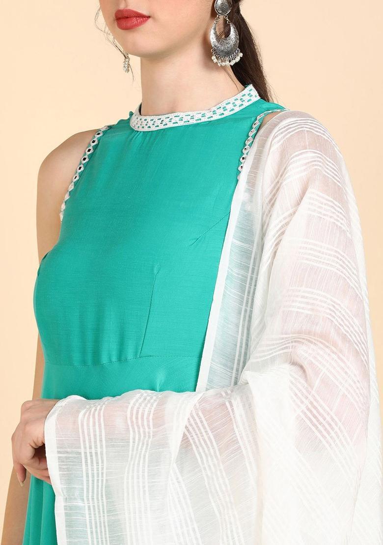 Sea Green Solid Silk Anarkali Set - Indya