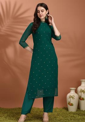 Green Self Design Georgette Kurta Set