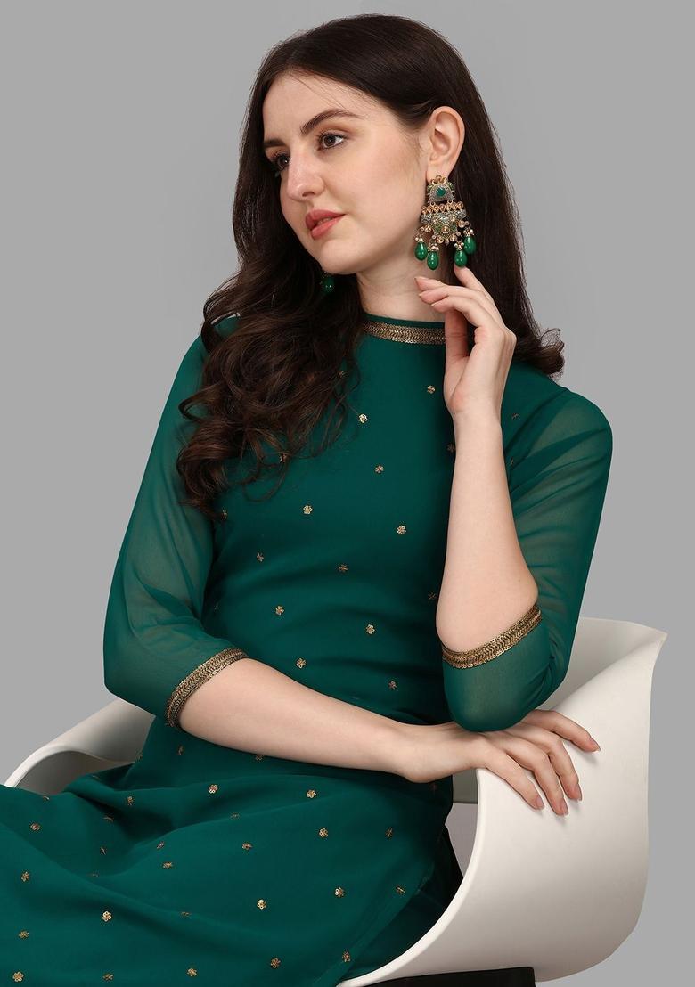 Green Self Design Georgette Kurta Set - Indya