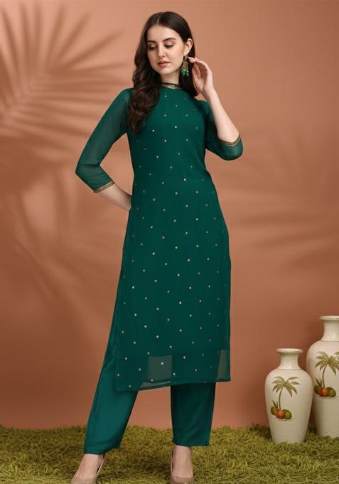 Green Self Design Georgette Kurta Set
