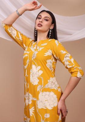 Yellow Printed Viscose Kurta Set