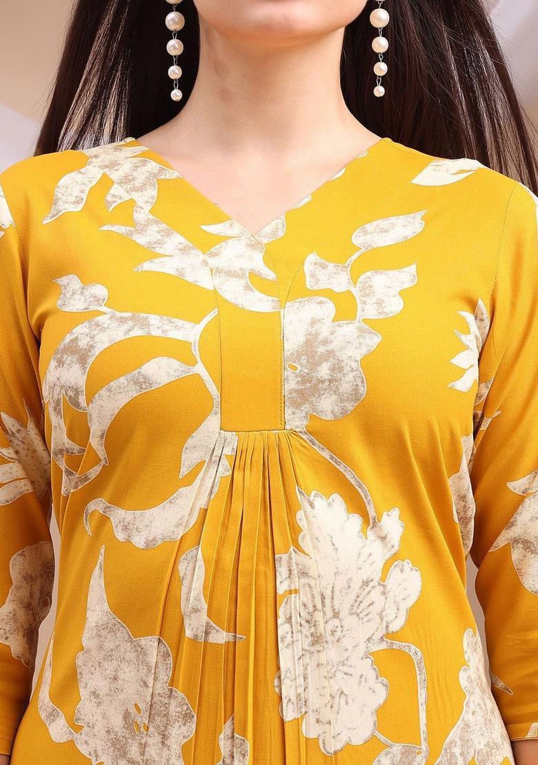 Yellow Printed Viscose Kurta Set - Indya