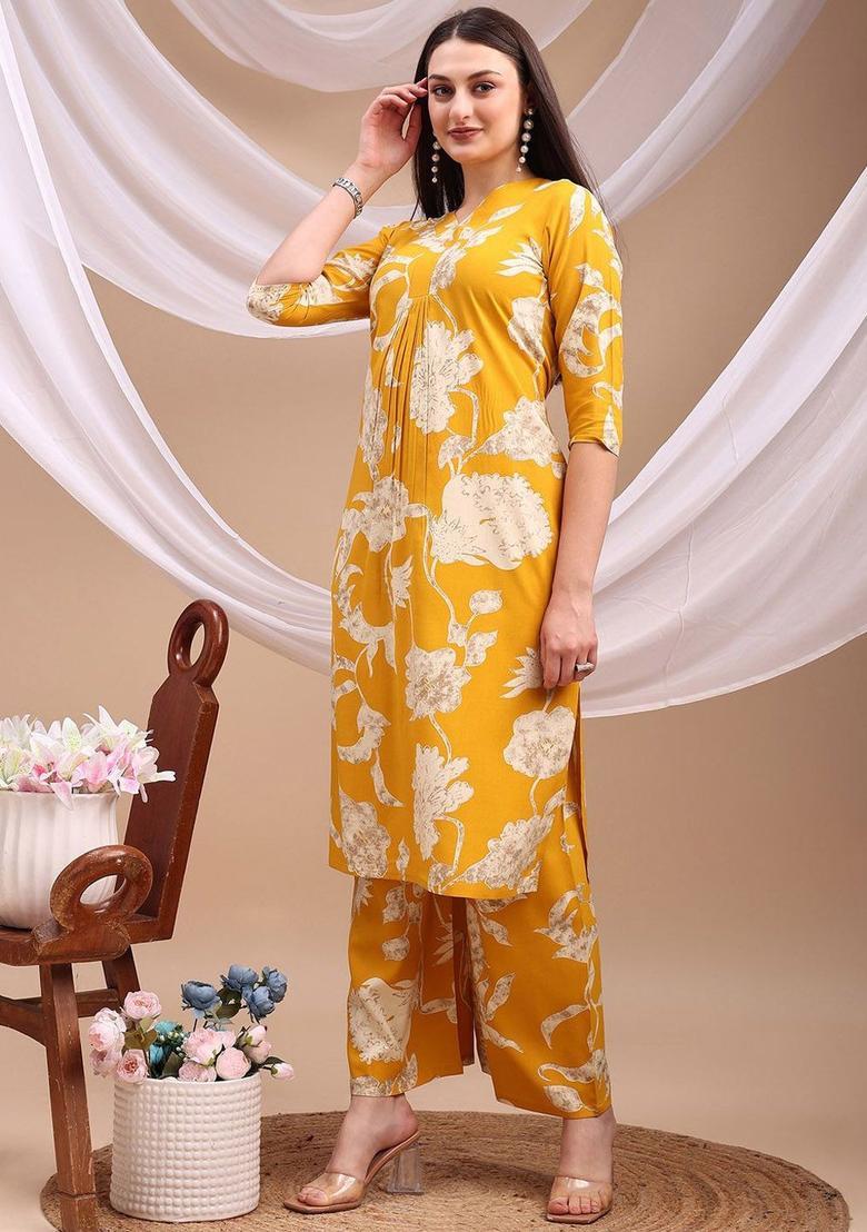 Yellow Printed Viscose Kurta Set - Indya