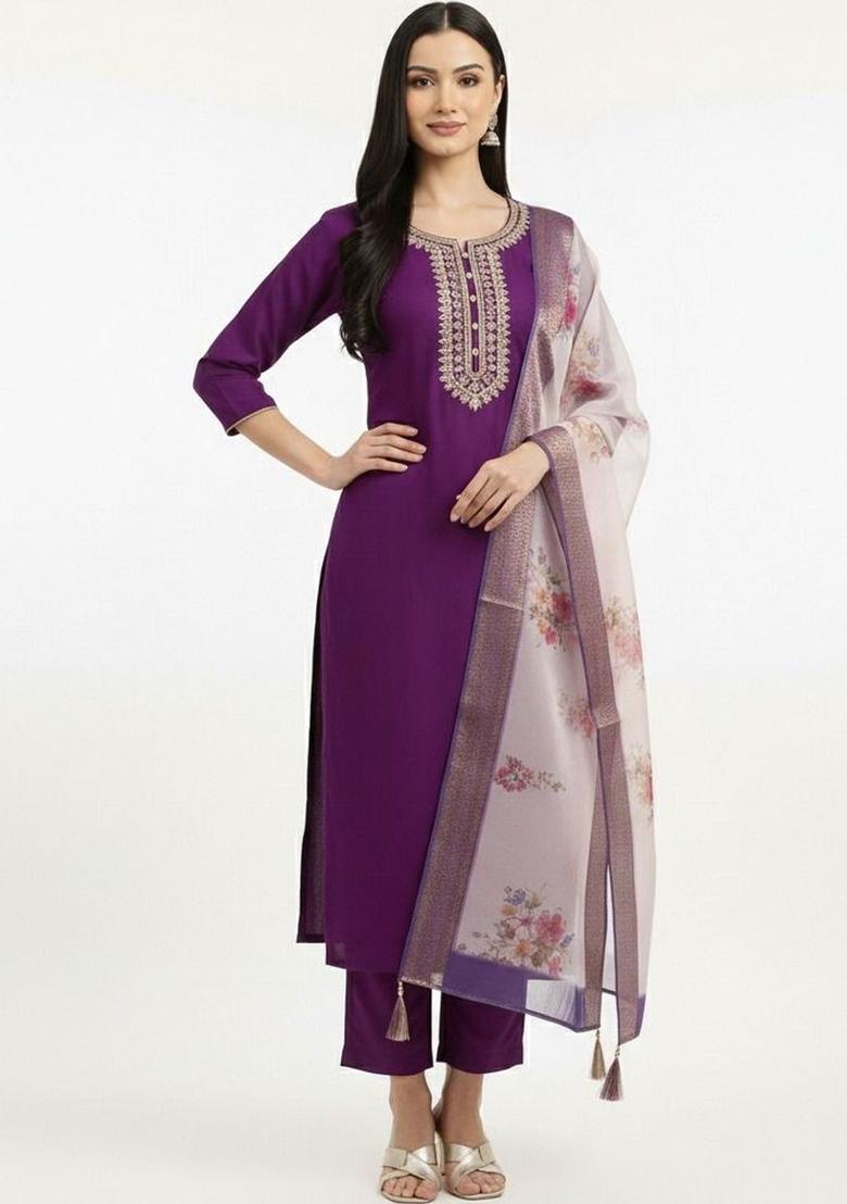 Purple Embroidered Viscose Kurta Set - Indya