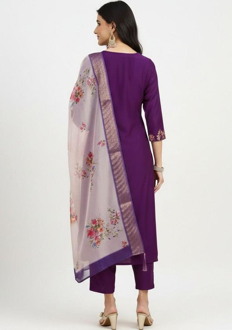 Purple Embroidered Viscose Kurta Set - Indya