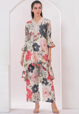Off White Printed Viscose Kurta Set