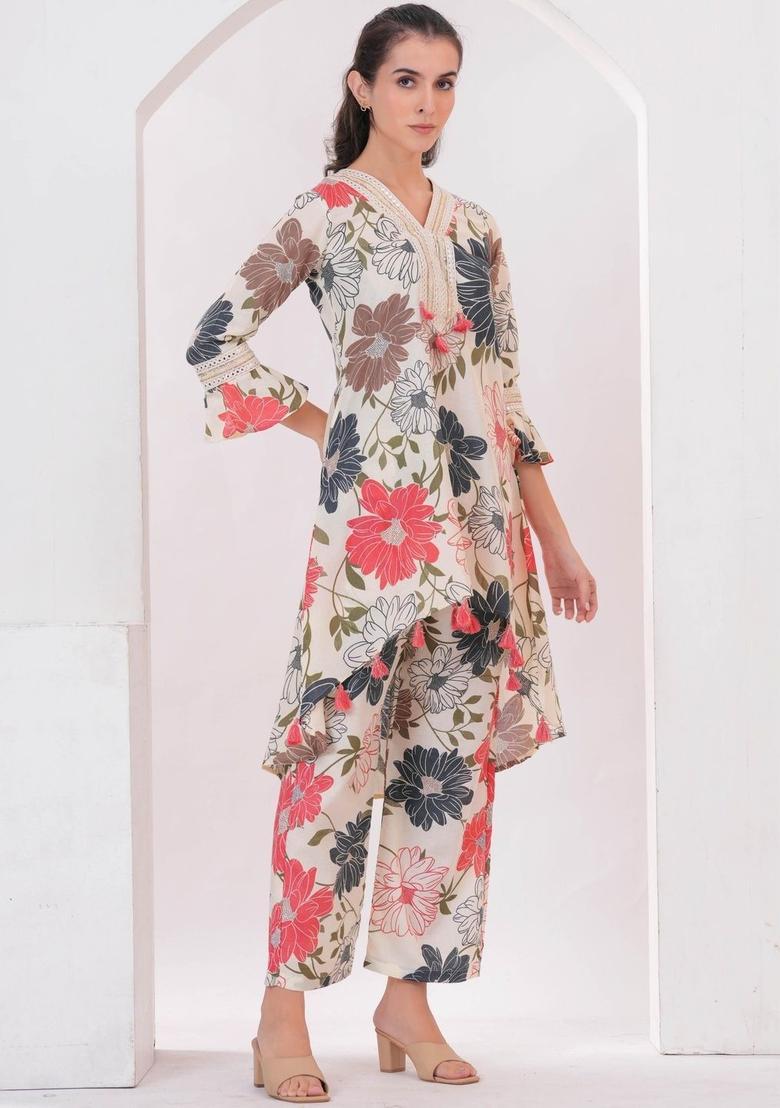 Off White Printed Viscose Kurta Set - Indya