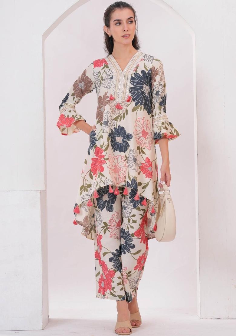 Off White Printed Viscose Kurta Set - Indya
