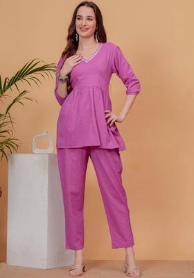 Pink Self Design Viscose Kurta Set