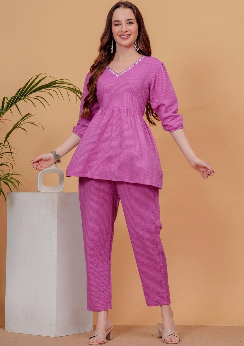 Pink Self Design Viscose Kurta Set - Indya