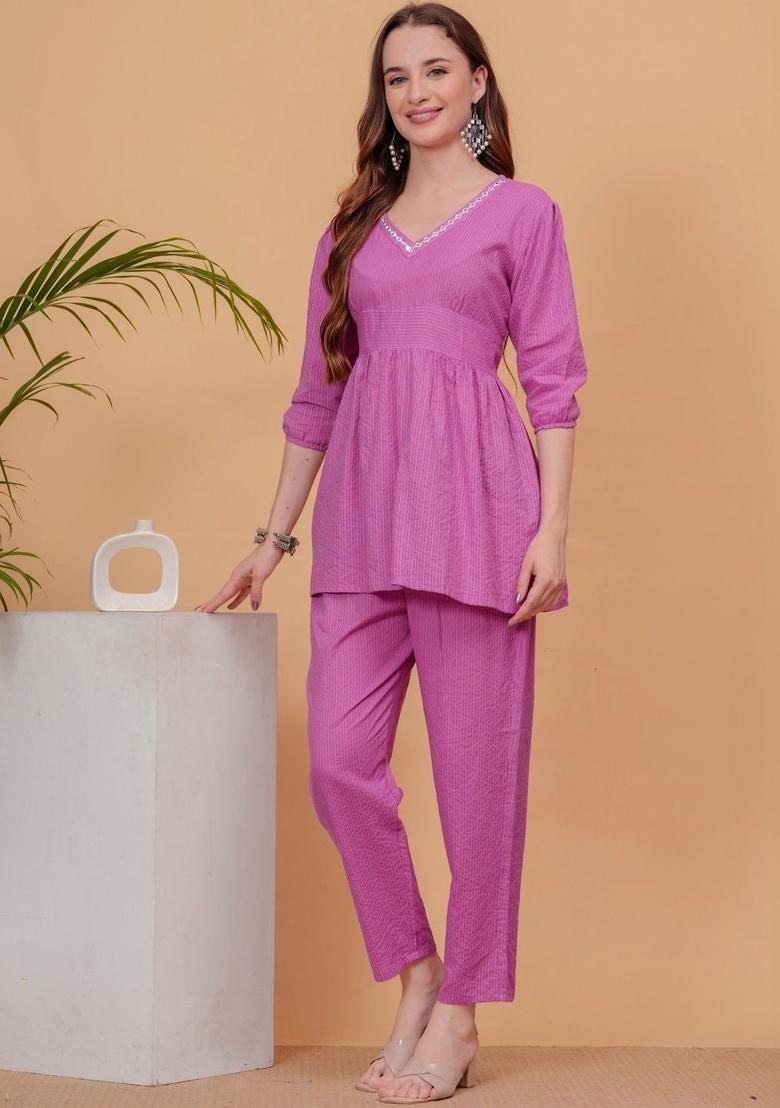 Pink Self Design Viscose Kurta Set - Indya