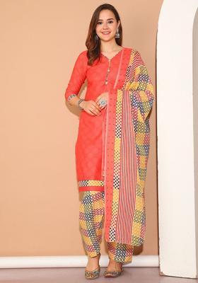 Peach Printed Cotton Kurta Set