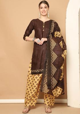 Brown Printed Cotton Kurta Set