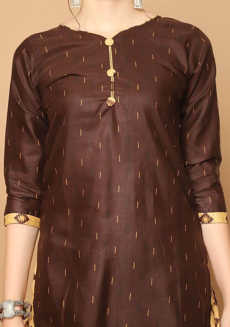 Brown Printed Cotton Kurta Set - Indya