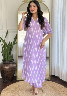 Purple Printed Viscose Kurta Set