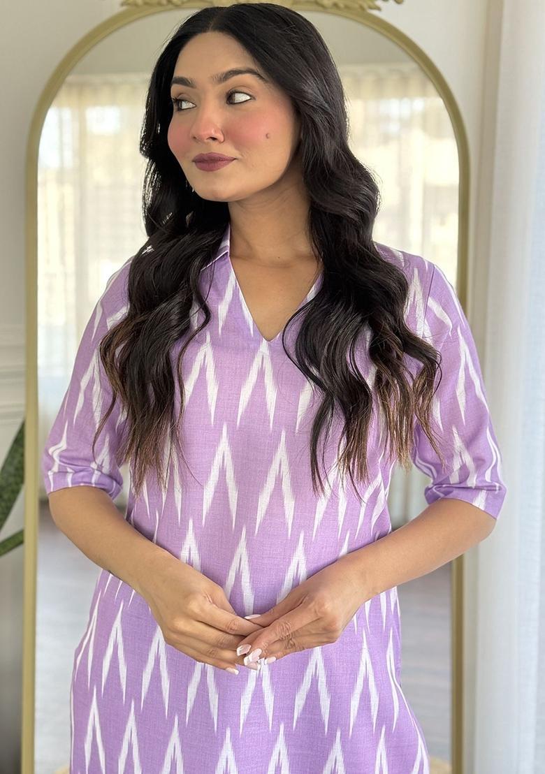 Purple Printed Viscose Kurta Set - Indya