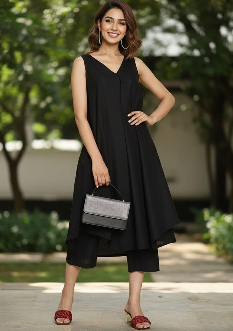 Black Solid Viscose Kurta Set - Indya