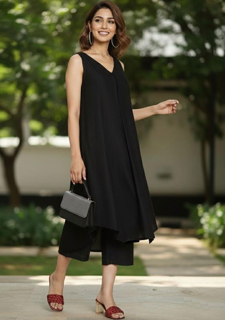 Black Solid Viscose Kurta Set - Indya