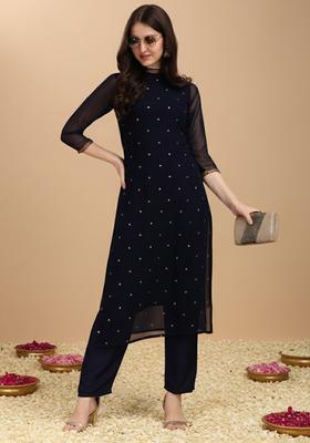 Navy Blue Printed Georgette Kurta Set