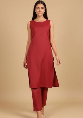 Red Solid Cotton Kurta Set
