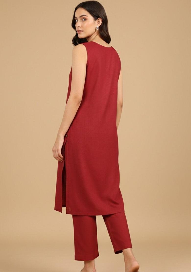 Red Solid Cotton Kurta Set - Indya