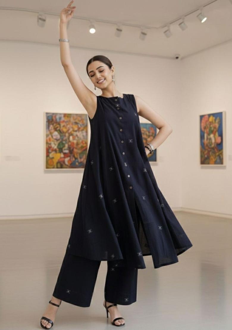 Navy Blue Self Design Viscose Kurta Set - Indya