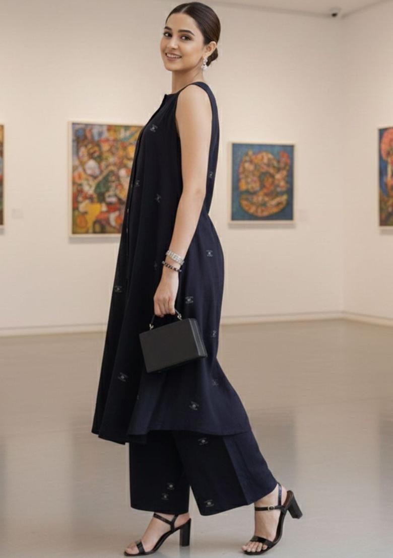 Navy Blue Self Design Viscose Kurta Set - Indya