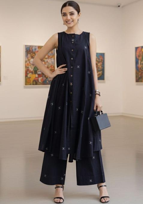 Navy Blue Self Design Viscose Kurta Set