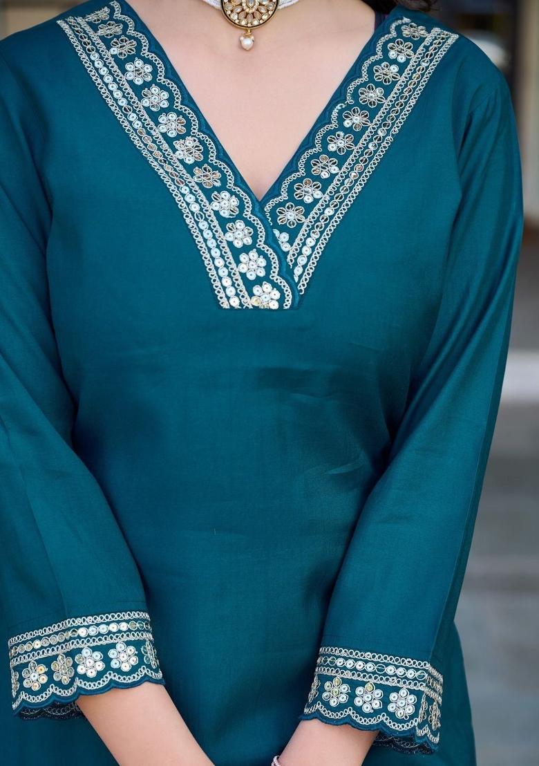 Teal Embroidered Silk Kurta Set - Indya